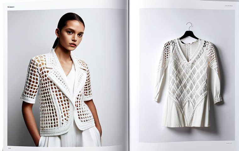 **
"Fashion design portfolio opening page, visually striking, powerful image, clear specialization indication, artistic vision, captivating, professional photography, minimalist design, plenty of white space. Focus on a single garment displaying unique textile work."
**