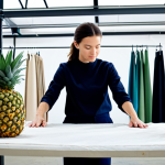 **Sustainable Fashion Innovation**
    A professional female fashion designer, fully clothed in modest business casual attire made of natural fibers, stands in a bright, modern sustainable textile workshop. She carefully inspects a sample of innovative, recycled fabric, possibly made from pineapple leather or plastic bottles. The background shows textile machinery in an orderly, clean environment, with racks of sustainable fashion prototypes. The scene emphasizes ethical production and circular economy principles, with a focus on quality and craftsmanship. Perfect anatomy, correct proportions, well-formed hands, natural pose, professional photography, high quality, safe for work, appropriate content, family-friendly.