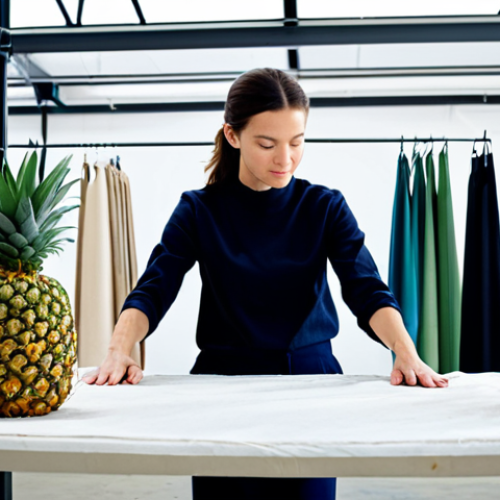 Home 6 **Sustainable Fashion Innovation**
A professional female fashion designer, fully clothed in modest business casual attire made of natural fibers, stands in a bright, modern sustainable textile workshop. She carefully inspects a sample of innovative, recycled fabric, possibly made from pineapple leather or plastic bottles. The background shows textile machinery in an orderly, clean environment, with racks of sustainable fashion prototypes. The scene emphasizes ethical production and circular economy principles, with a focus on quality and craftsmanship. Perfect anatomy, correct proportions, well-formed hands, natural pose, professional photography, high quality, safe for work, appropriate content, family-friendly.