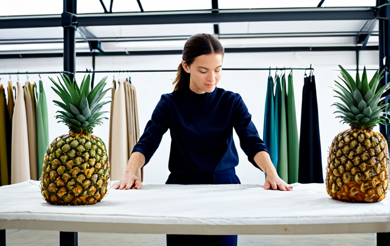 **Sustainable Fashion Innovation**
    A professional female fashion designer, fully clothed in modest business casual attire made of natural fibers, stands in a bright, modern sustainable textile workshop. She carefully inspects a sample of innovative, recycled fabric, possibly made from pineapple leather or plastic bottles. The background shows textile machinery in an orderly, clean environment, with racks of sustainable fashion prototypes. The scene emphasizes ethical production and circular economy principles, with a focus on quality and craftsmanship. Perfect anatomy, correct proportions, well-formed hands, natural pose, professional photography, high quality, safe for work, appropriate content, family-friendly.